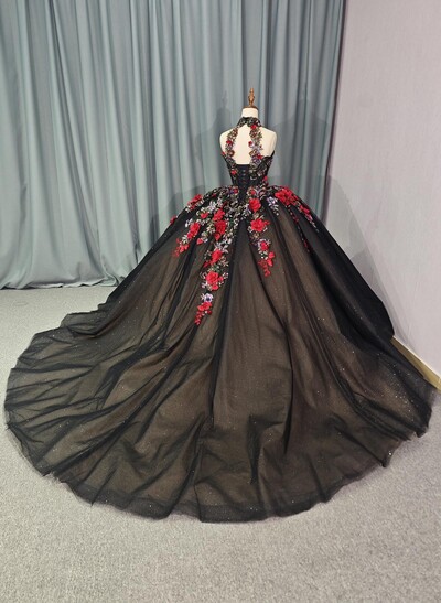 Luxury Halter Sleeveless Ball-Gown Chapel Train Tulle Wedding Dresses With Sequins/Flower(s)