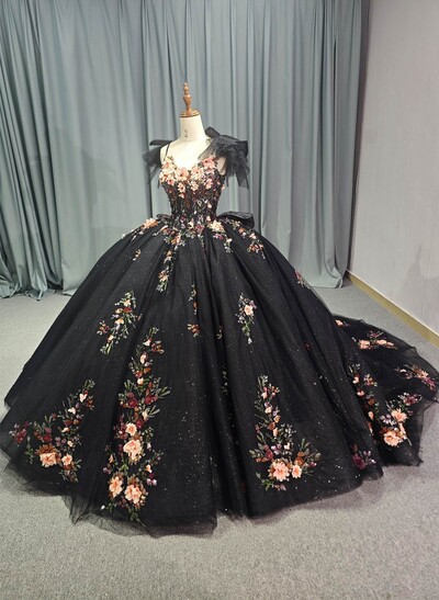 Luxury V-Neck Ball-Gown Chapel Train Tulle Wedding Dresses With Bow(s)/Beading/Sequins/Flower(s)