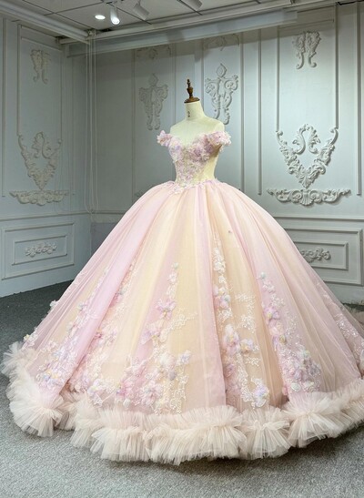 Luxury Off-The-Shoulder Ball-Gown Chapel Train Tulle Wedding Dresses With Beading/Flower(s)