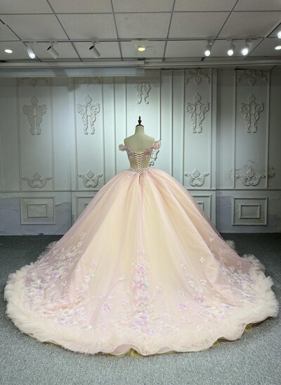 Luxury Off-The-Shoulder Ball-Gown Chapel Train Tulle Wedding Dresses With Beading/Flower(s)