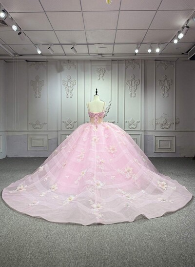 Sparkle & Shine V-Neck Ball-Gown Chapel Train Organza Wedding Dresses With Beading/Sequins/Flower(s)