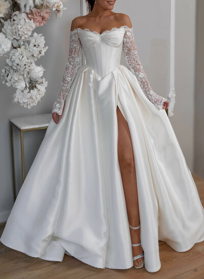 Sweetheart Off-The-Shoulder Long Sleeves A-Line Court Train Matte Satin Wedding Dresses With Lace/High Split