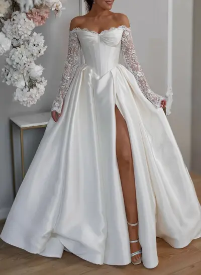 Sweetheart Off-The-Shoulder Long Sleeves Ball-Gown Floor-Length Matte Satin Wedding Dresses With Lace/High Split