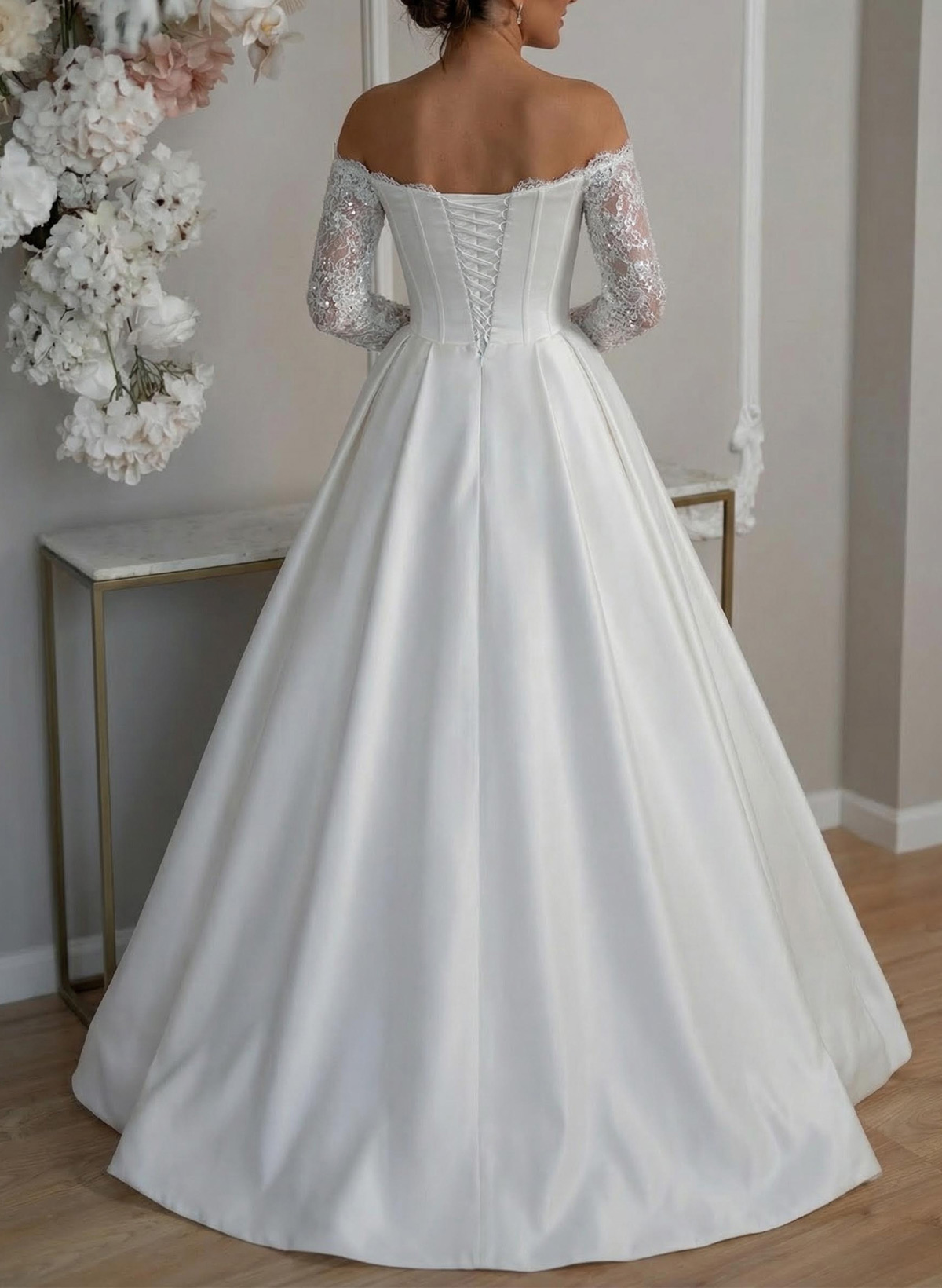 Sweetheart Off-The-Shoulder Long Sleeves A-Line Court Train Matte Satin Wedding Dresses With Lace/High Split