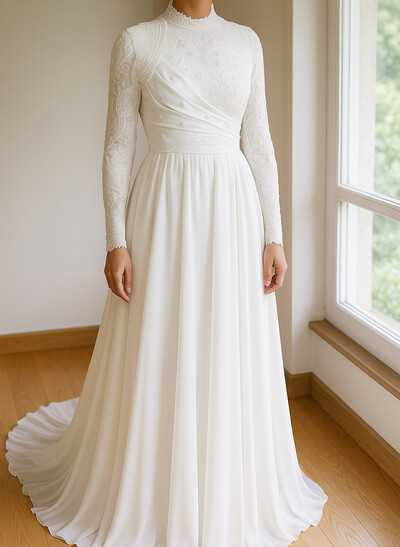 Elegant High Neck Long Sleeves A-Line Sweep Train Elastic Satin Wedding Dresses With Beading/Lace