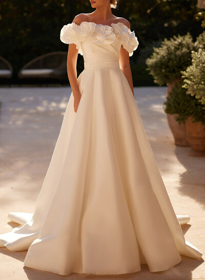Elegant Off-The-Shoulder A-Line Sweep Train Matte Satin Wedding Dresses With Beading/Flower(s)
