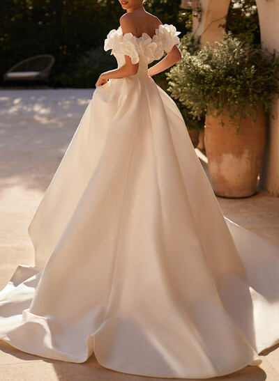 Elegant Off-The-Shoulder A-Line Sweep Train Matte Satin Wedding Dresses With Beading/Flower(s)