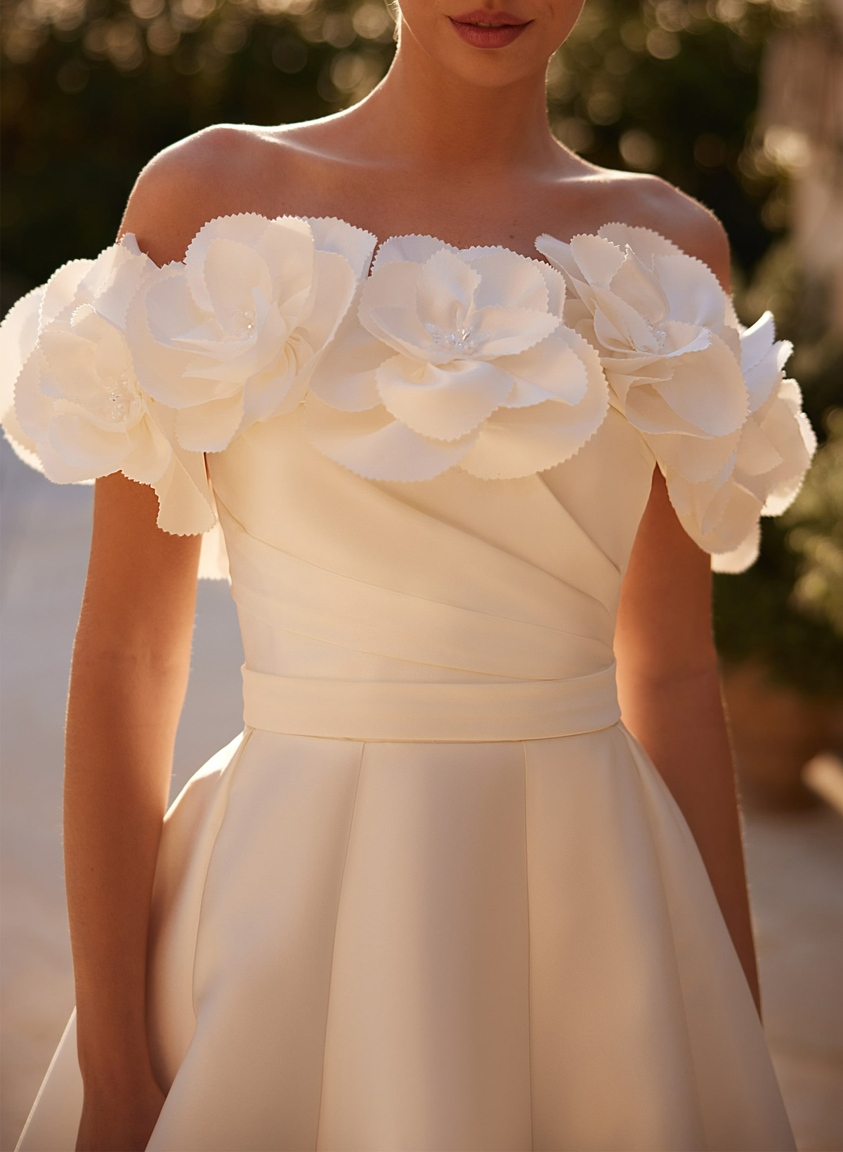 Elegant Off-The-Shoulder A-Line Sweep Train Matte Satin Wedding Dresses With Beading/Flower(s)