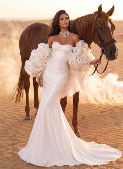 Elegant Sweetheart Mermaid Chapel Train Organza Wedding Dresses With Flower(s) Wrap