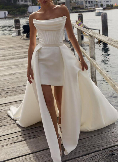 Elegant Cowl Neck Sleeveless Short/Mini/Overskirt Detachable Train Matte Satin Wedding Dresses