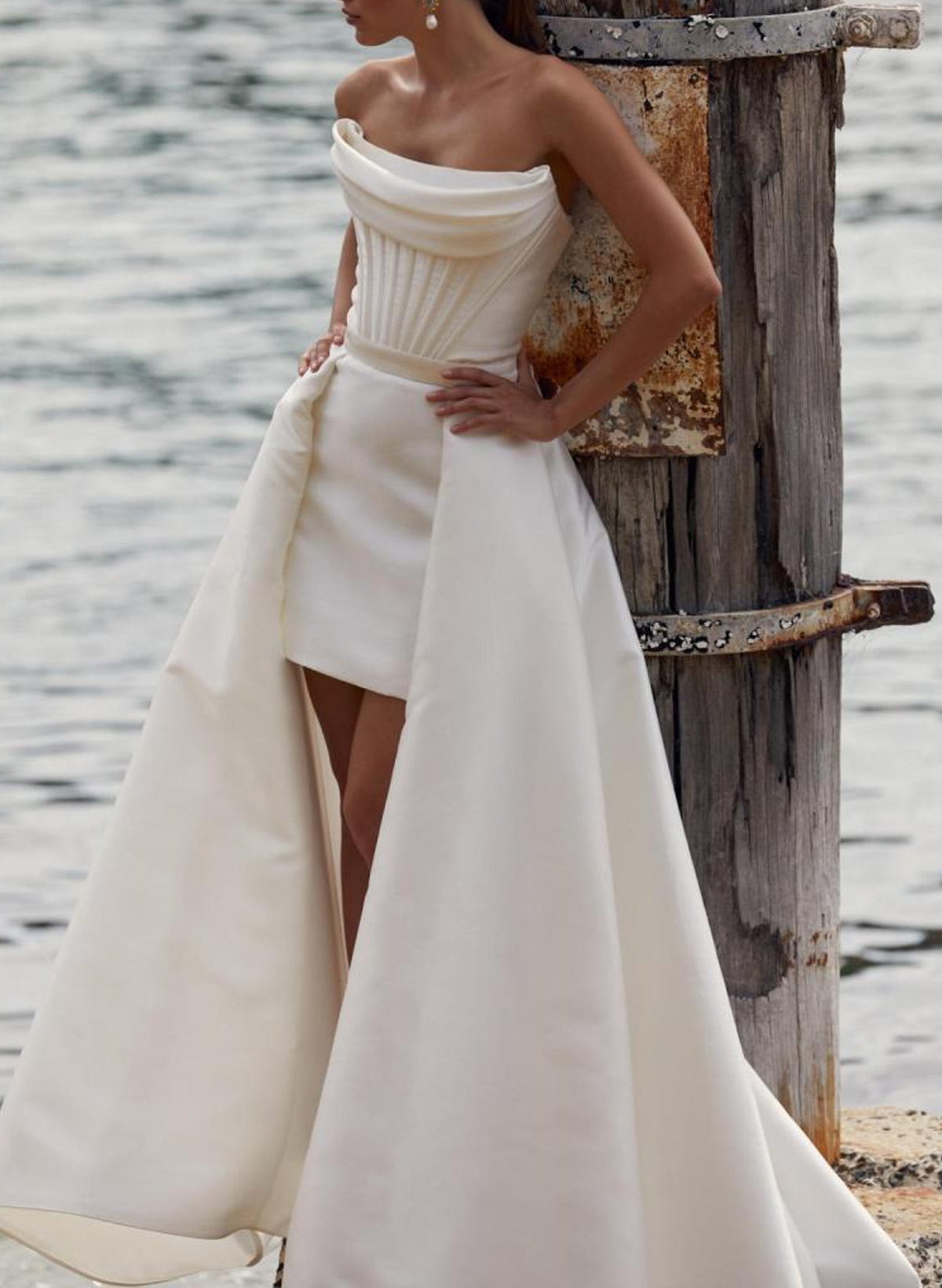 Elegant Cowl Neck Sleeveless Short/Mini/Overskirt Detachable Train Matte Satin Wedding Dresses