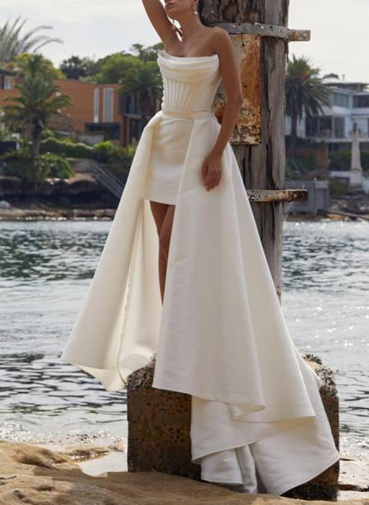 Elegant Cowl Neck Sleeveless Short/Mini/Overskirt Detachable Train Matte Satin Wedding Dresses