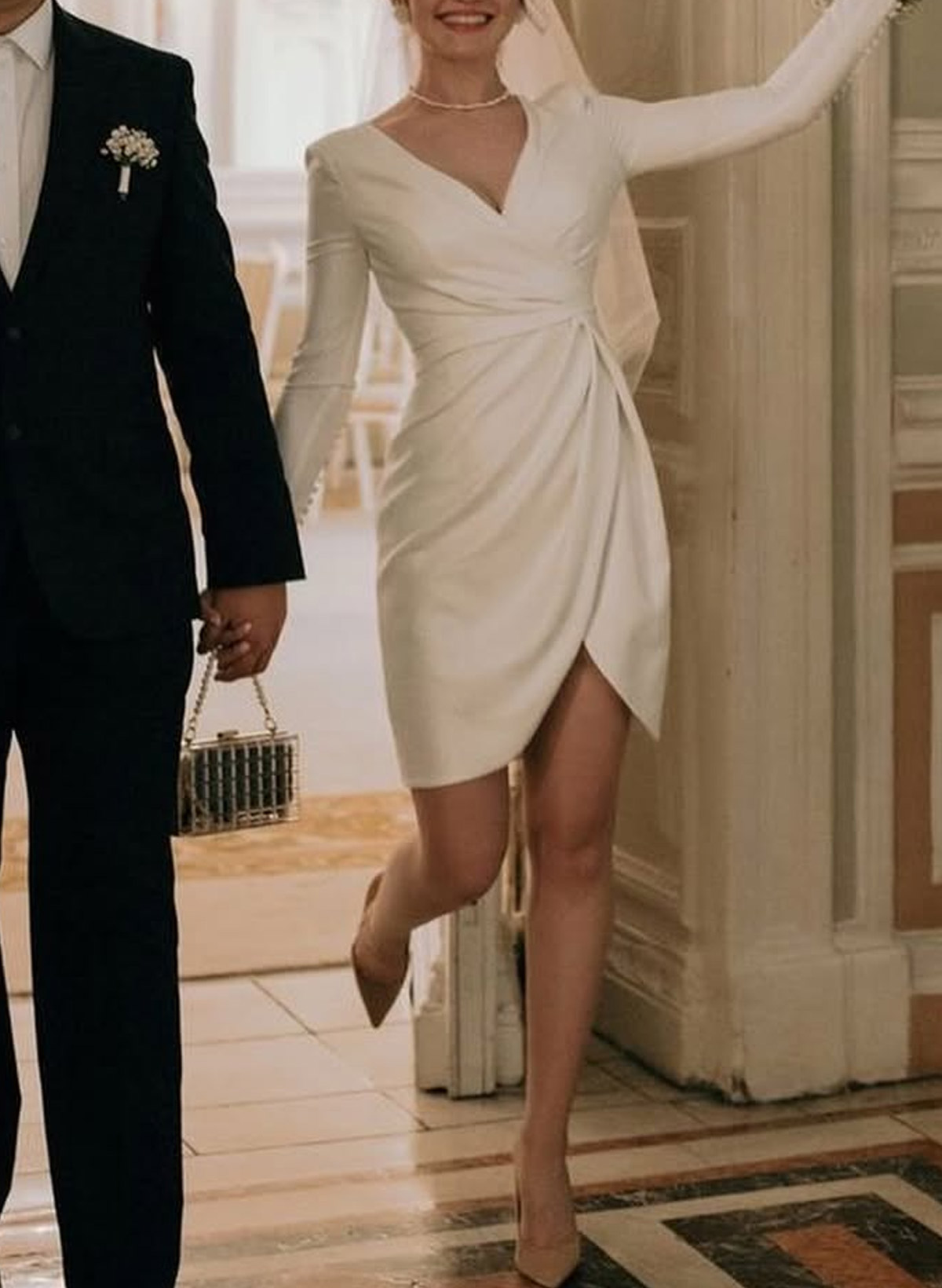 Elegant V-Neck Long Sleeves Short/Mini Italian Satin Wedding Dresses With High Split