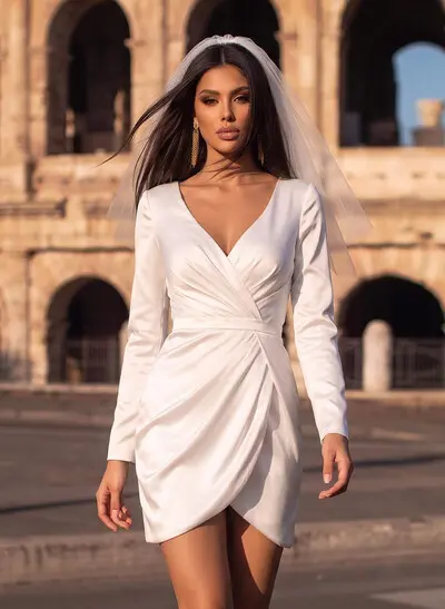 Elegant V-Neck Long Sleeves Short/Mini Italian Satin Wedding Dresses With High Split