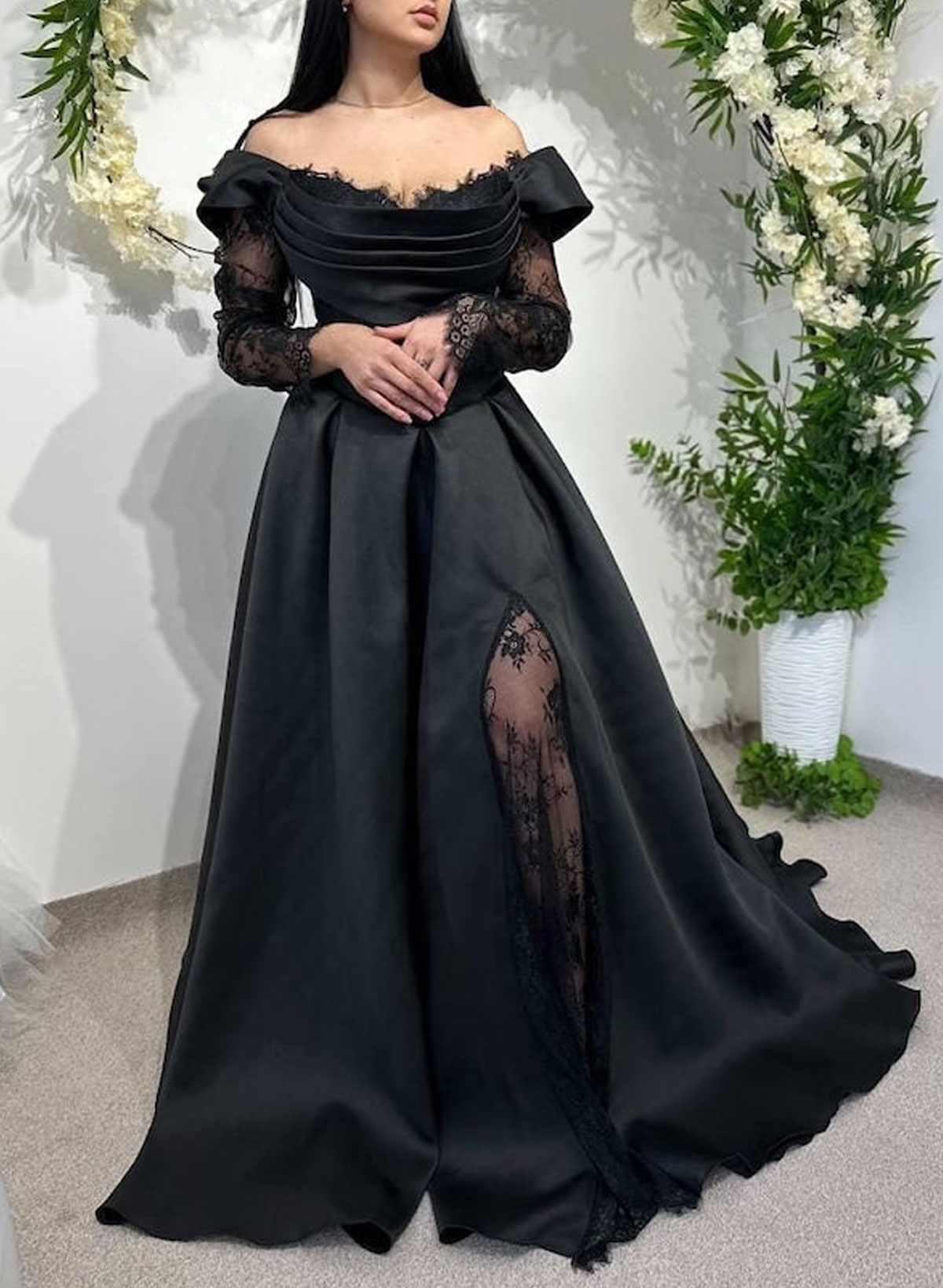Elegant Off-The-Shoulder Long Sleeves A-Line Sweep Train Satin/Lace Wedding Dresses With High Split