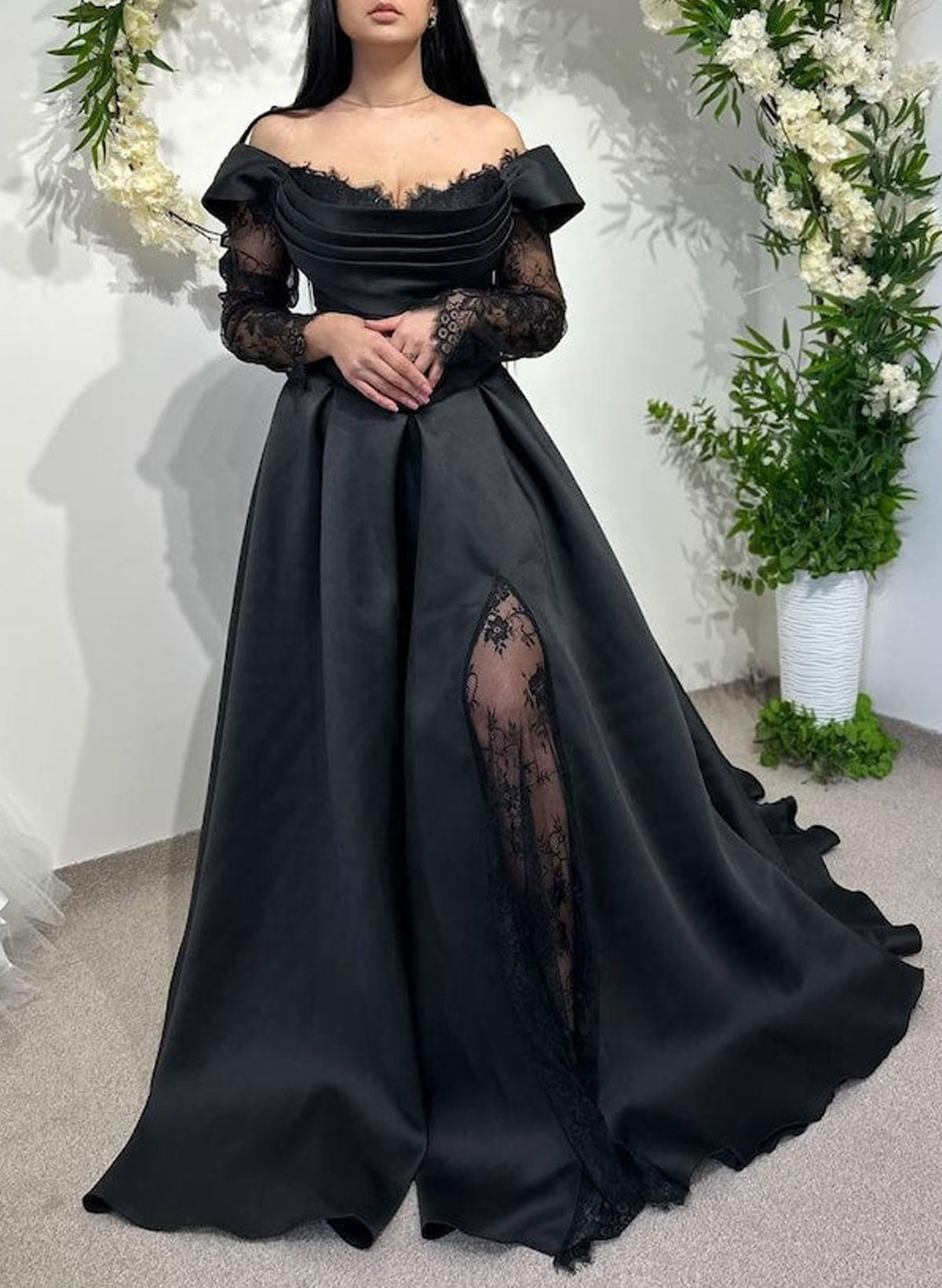 Elegant Off-The-Shoulder Long Sleeves A-Line Sweep Train Satin/Lace Wedding Dresses With High Split