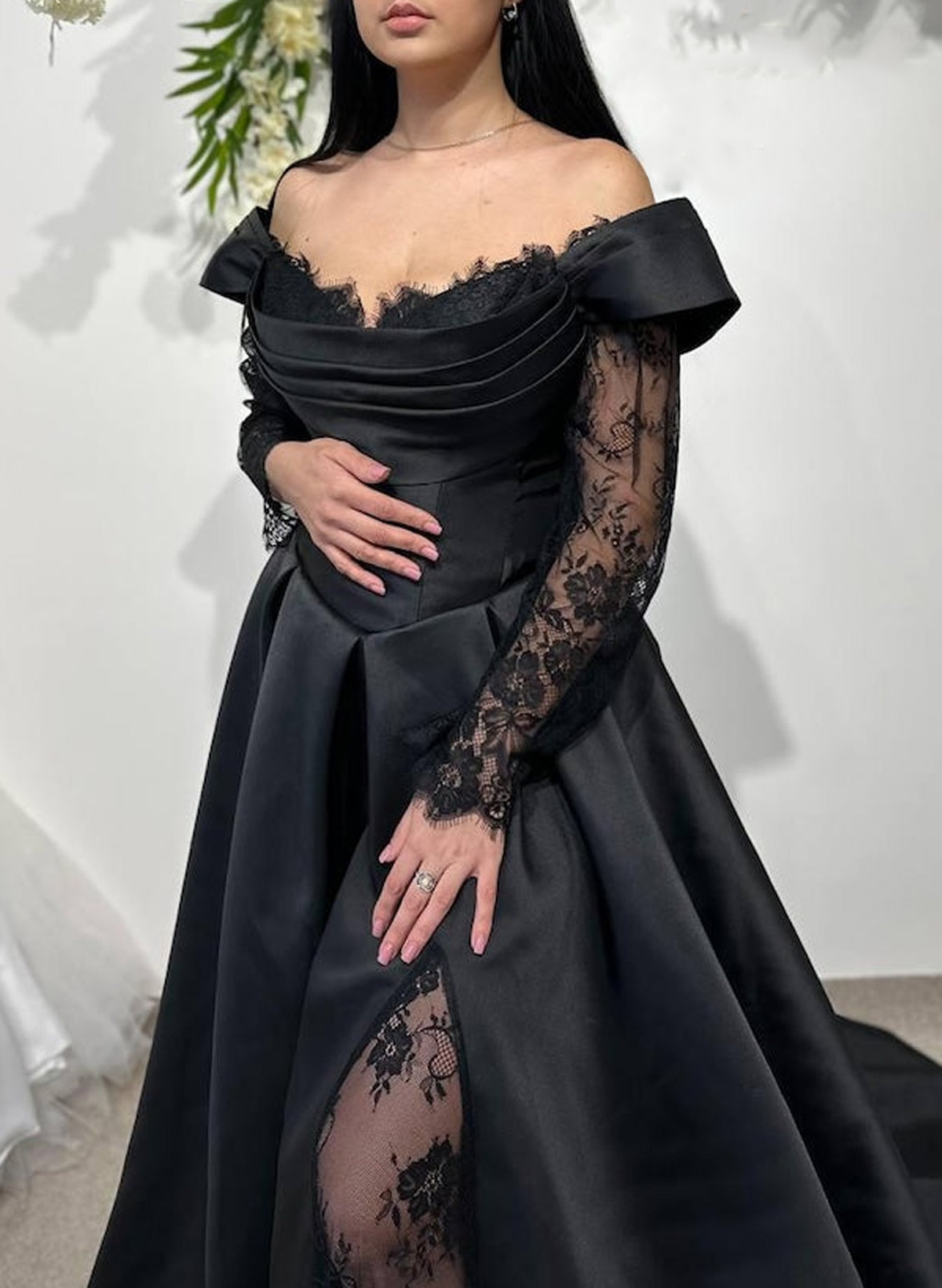 Elegant Off-The-Shoulder Long Sleeves A-Line Sweep Train Satin/Lace Wedding Dresses With High Split