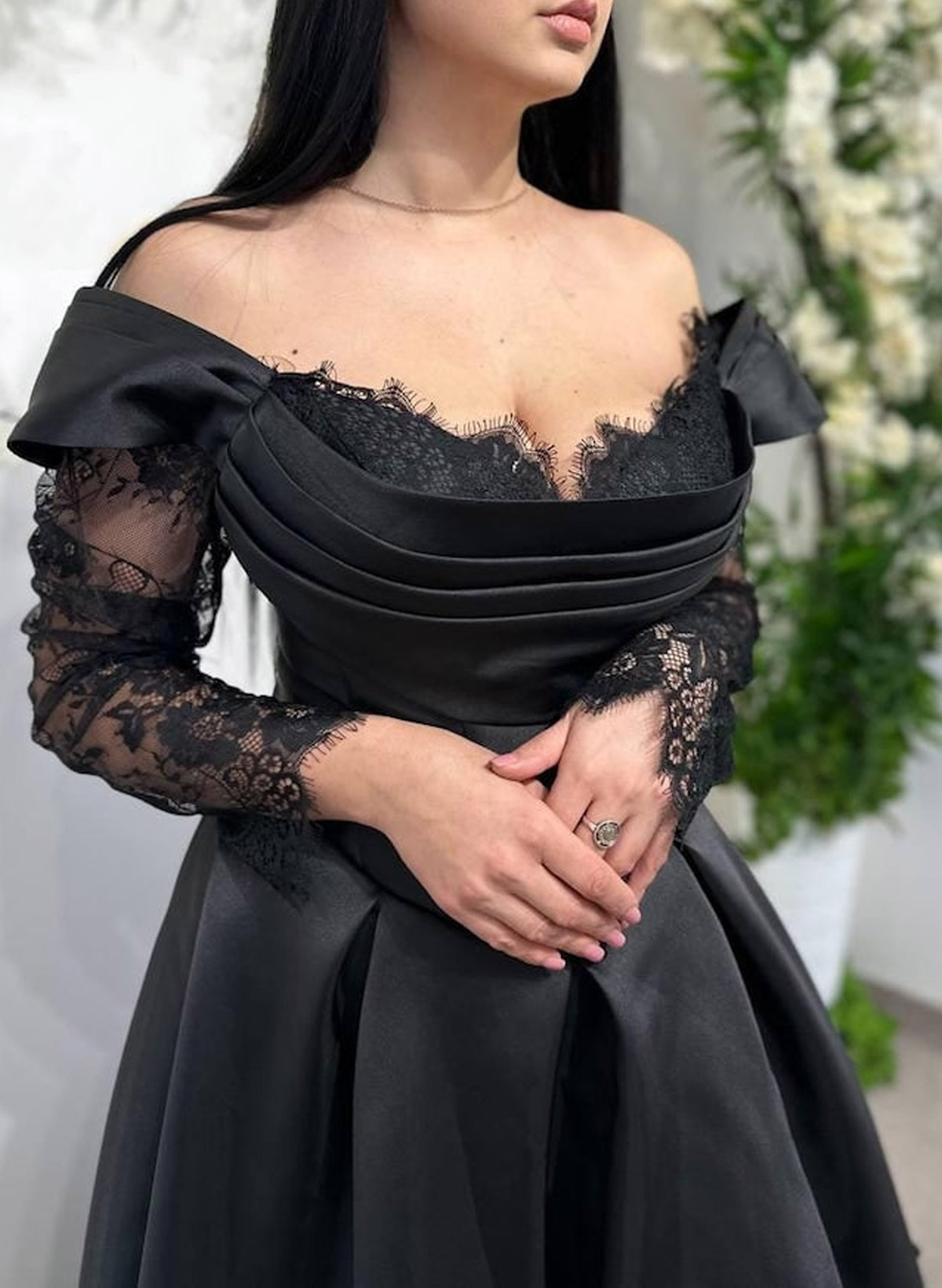 Elegant Off-The-Shoulder Long Sleeves A-Line Sweep Train Satin/Lace Wedding Dresses With High Split