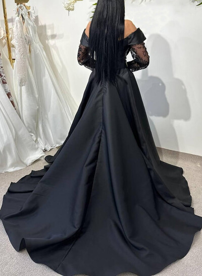 Elegant Off-The-Shoulder Long Sleeves A-Line Sweep Train Satin/Lace Wedding Dresses With High Split