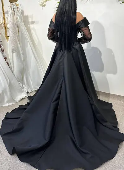 Elegant Off-The-Shoulder Long Sleeves A-Line Sweep Train Satin/Lace Wedding Dresses With High Split