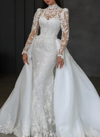 Sparkle & Shine High Neck Long Sleeves Mermaid Overskirt Detachable Length Lace/Tulle Wedding Dresses