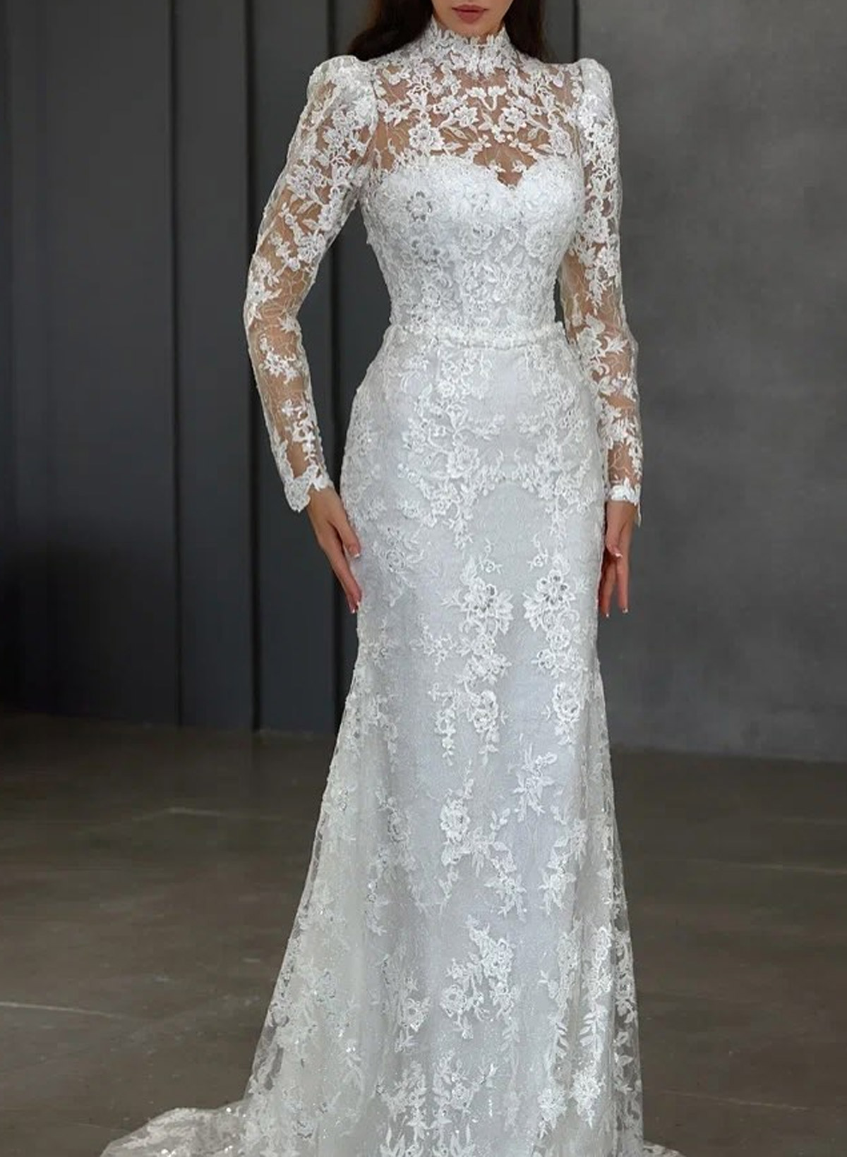 Sparkle & Shine High Neck Long Sleeves Mermaid Overskirt Detachable Length Lace/Tulle Wedding Dresses