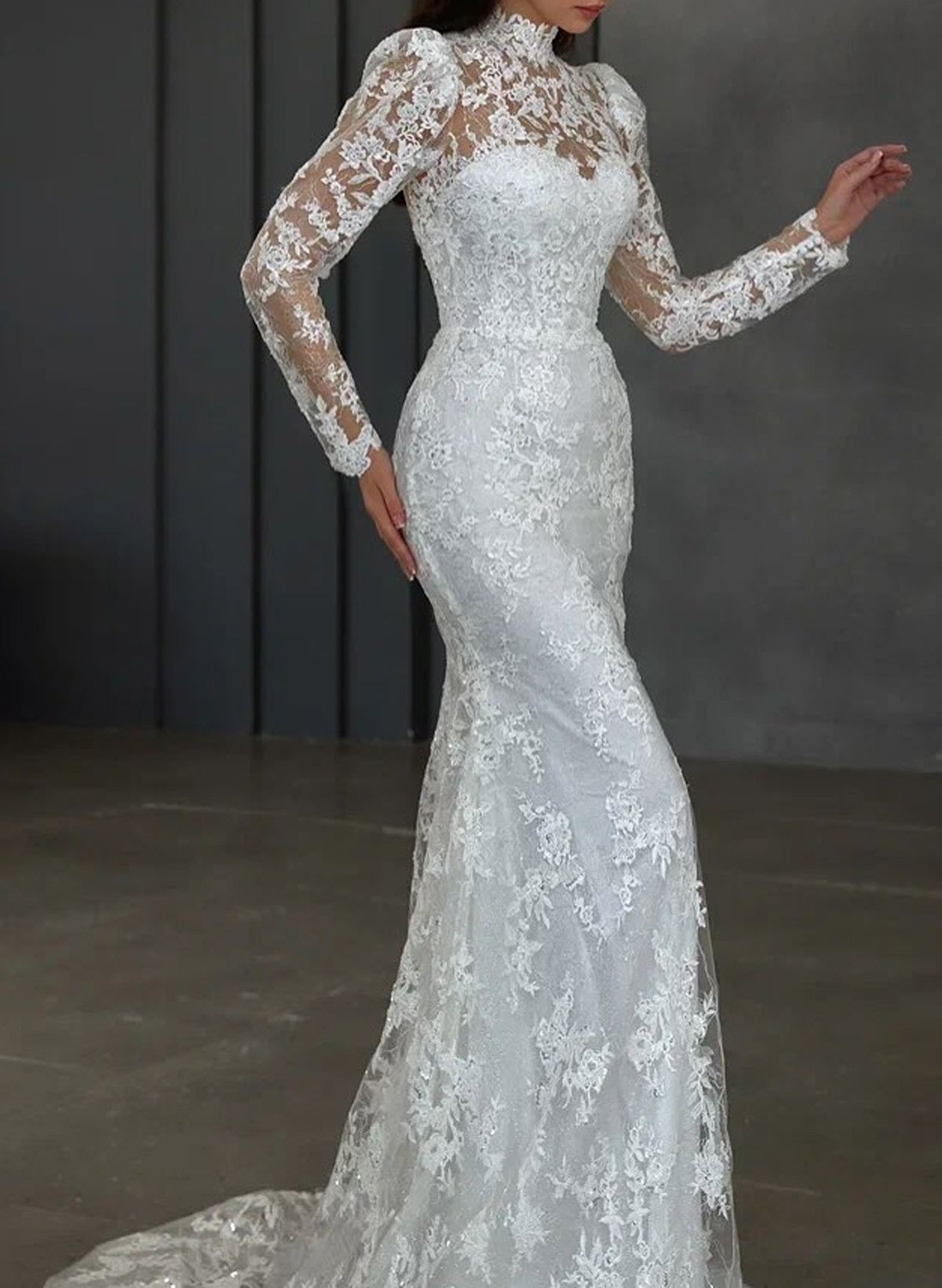 Sparkle & Shine High Neck Long Sleeves Mermaid Overskirt Detachable Length Lace/Tulle Wedding Dresses