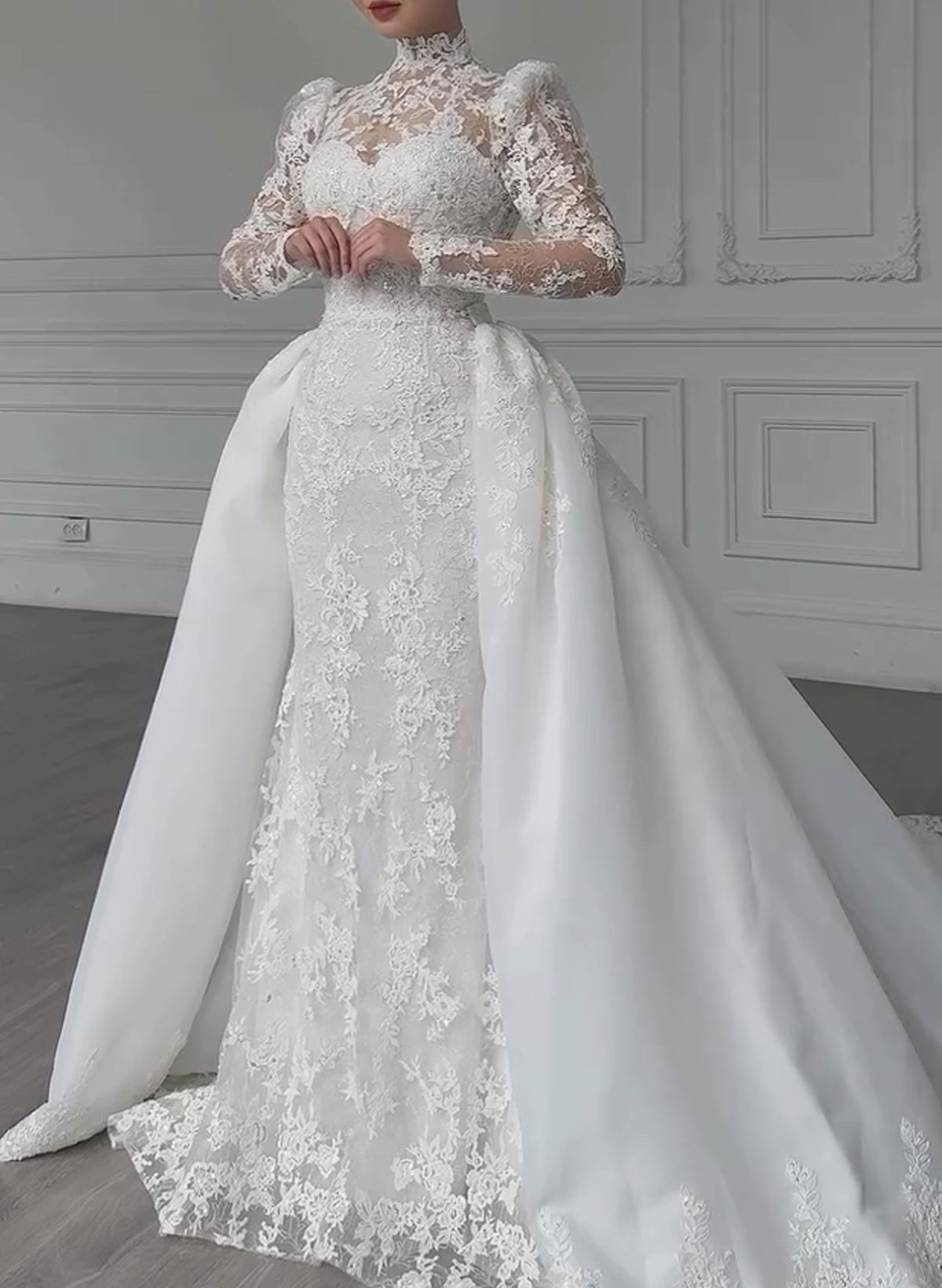 Sparkle & Shine High Neck Long Sleeves Mermaid Overskirt Detachable Length Lace/Tulle Wedding Dresses