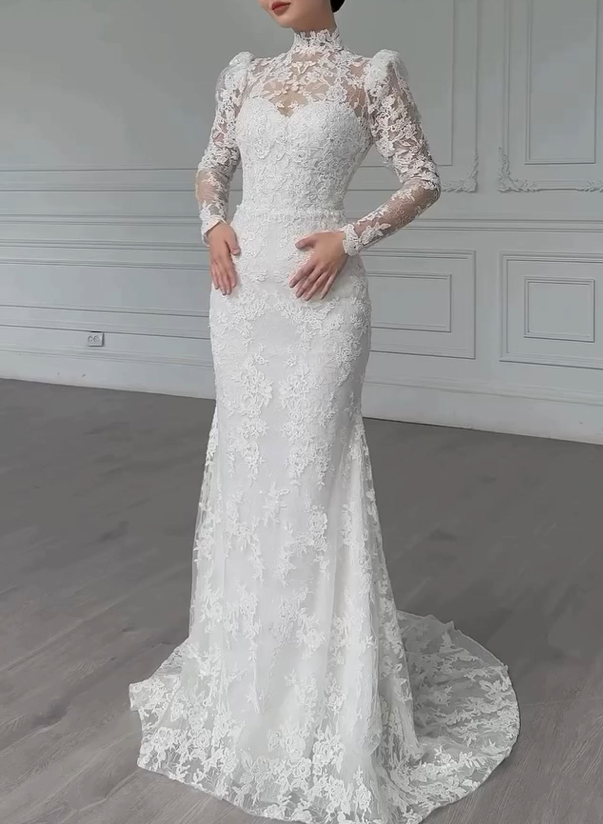 Sparkle & Shine High Neck Long Sleeves Mermaid Overskirt Detachable Length Lace/Tulle Wedding Dresses