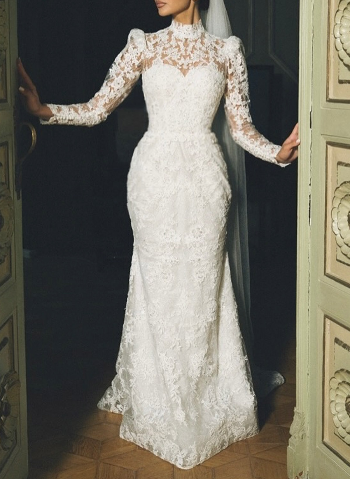 Sparkle & Shine High Neck Long Sleeves Mermaid Overskirt Detachable Length Lace/Tulle Wedding Dresses
