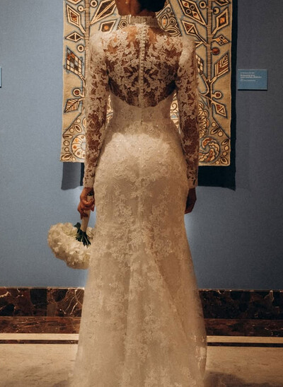 Sparkle & Shine High Neck Long Sleeves Mermaid Overskirt Detachable Length Lace/Tulle Wedding Dresses