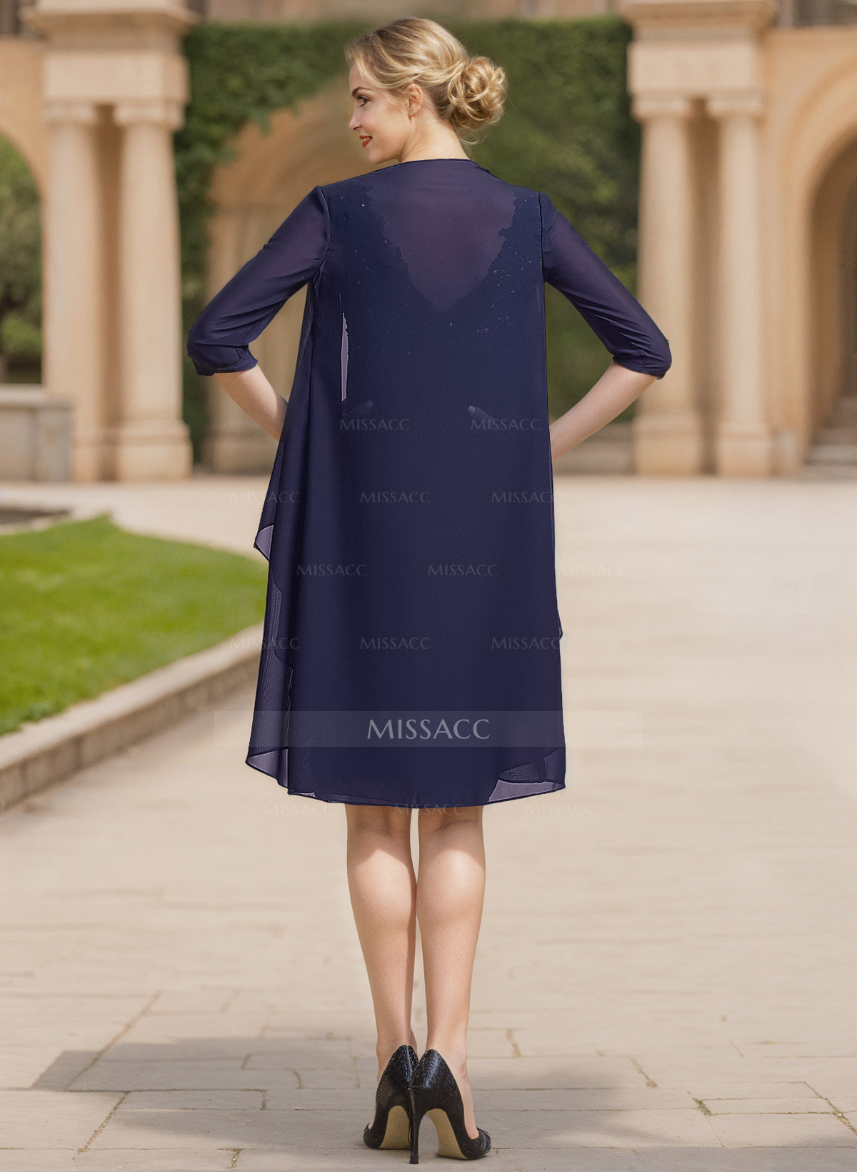 Open Front Knee-Length 3/4 Sleeves Chiffon Jacket