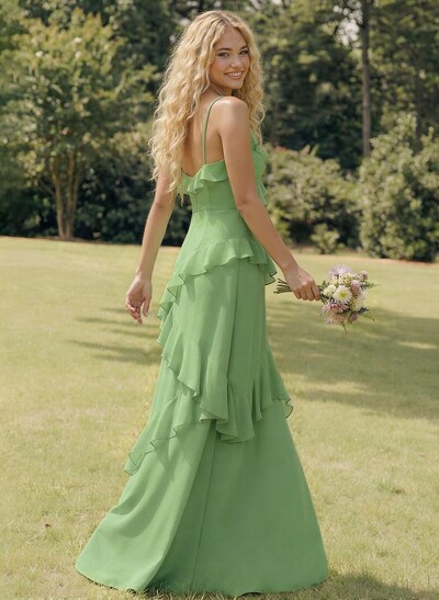 A-Line V-Neck Sleeveless Floor-Length Chiffon Elegant Bridesmaid Dresses With Ruffle