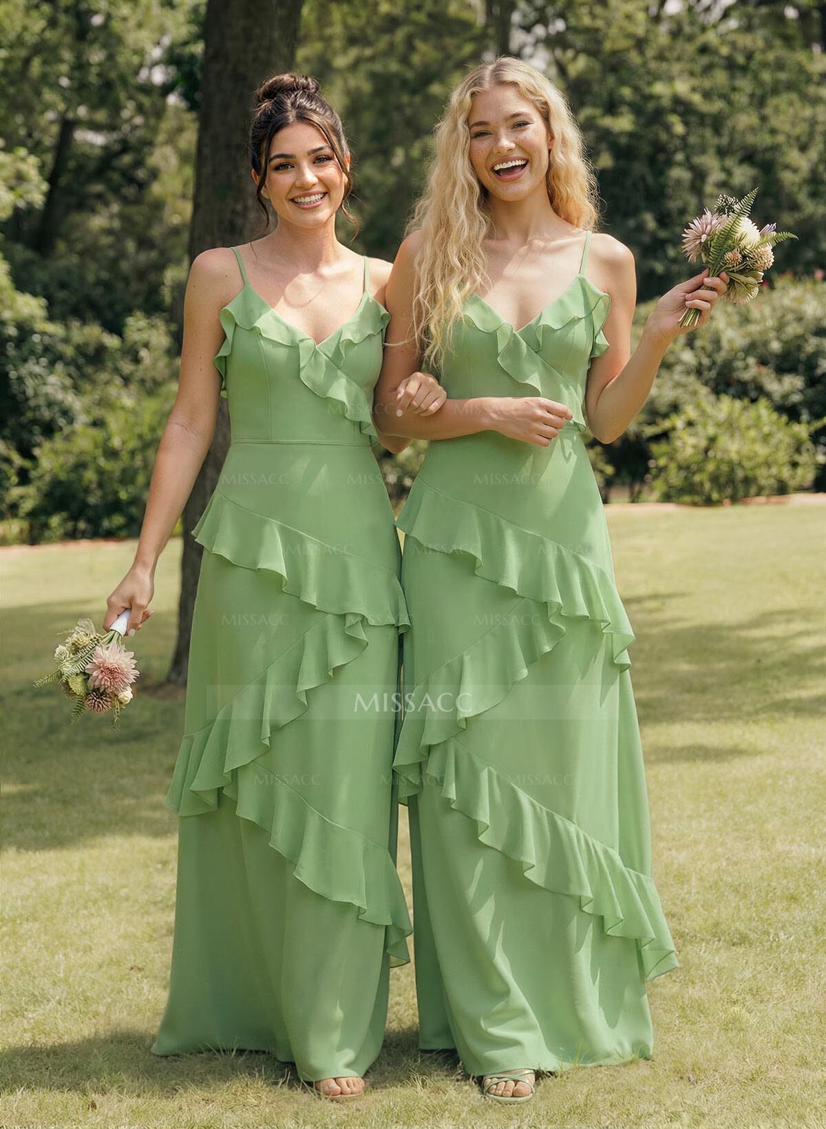 A-Line V-Neck Sleeveless Floor-Length Chiffon Elegant Bridesmaid Dresses With Ruffle