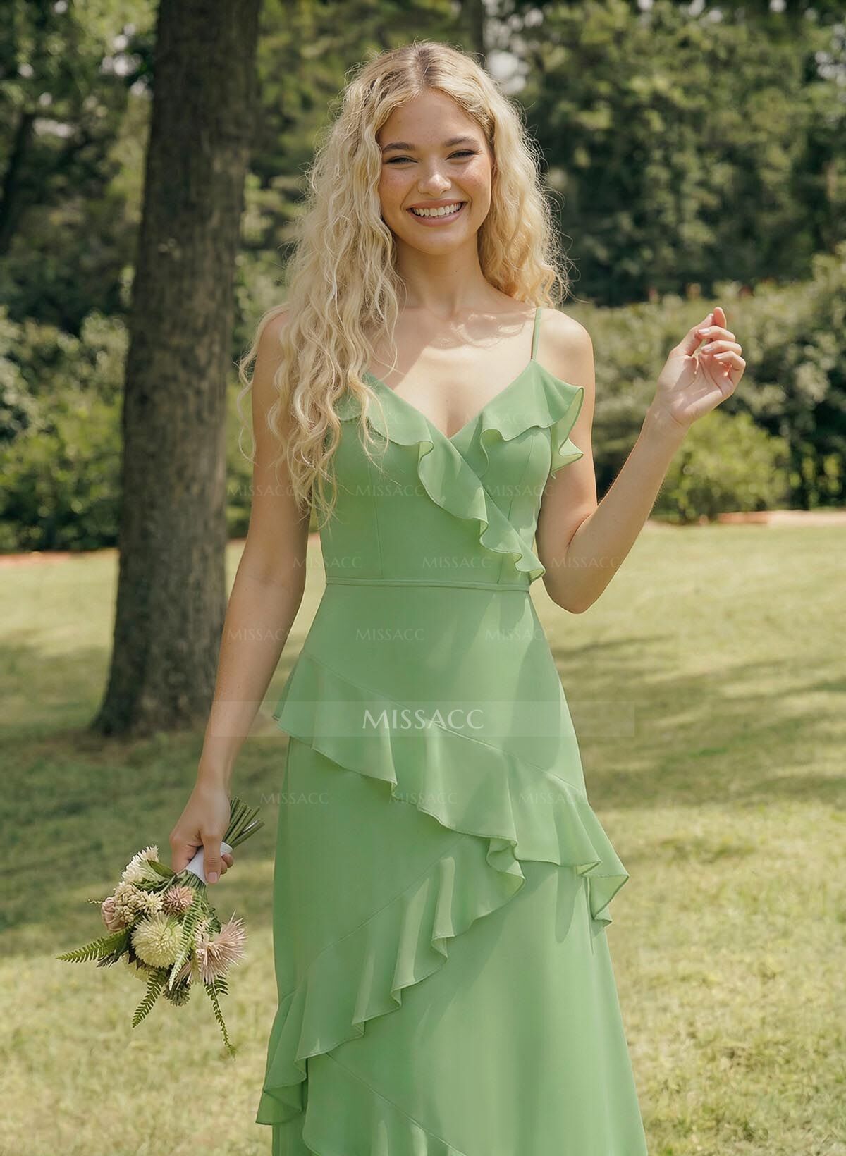 A-Line V-Neck Sleeveless Floor-Length Chiffon Elegant Bridesmaid Dresses With Ruffle
