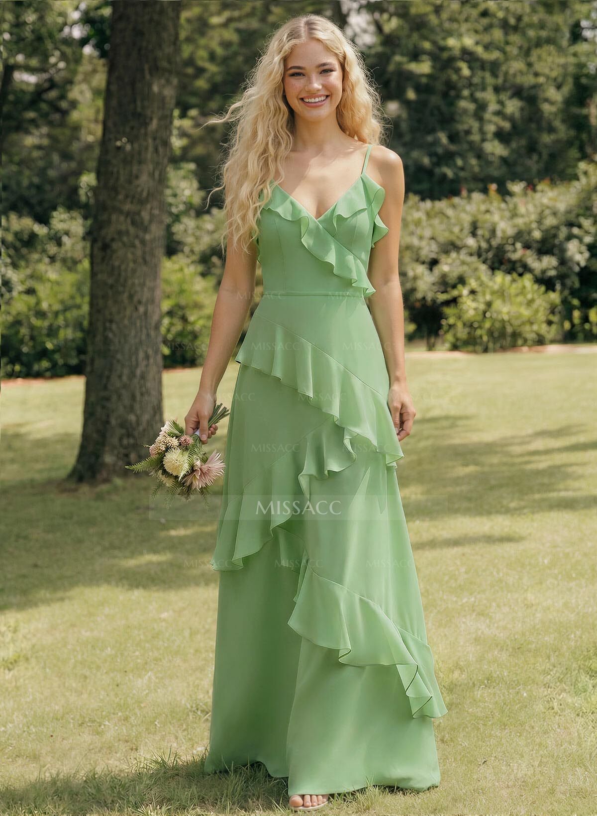 A-Line V-Neck Sleeveless Floor-Length Chiffon Elegant Bridesmaid Dresses With Ruffle