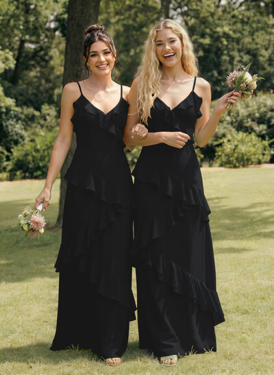 A-Line V-Neck Sleeveless Floor-Length Chiffon Elegant Bridesmaid Dresses With Ruffle