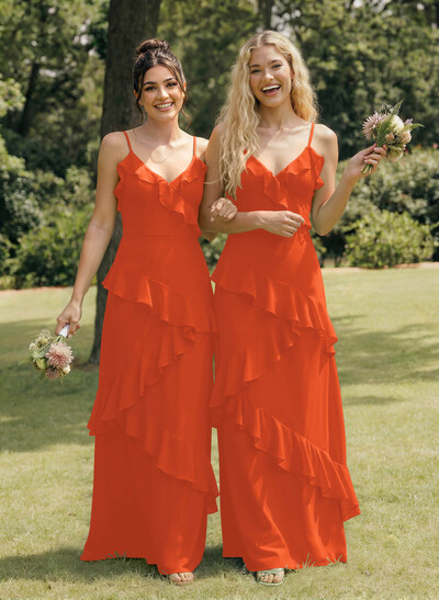 A-Line V-Neck Sleeveless Floor-Length Chiffon Elegant Bridesmaid Dresses With Ruffle