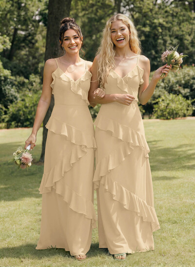 A-Line V-Neck Sleeveless Floor-Length Chiffon Elegant Bridesmaid Dresses With Ruffle