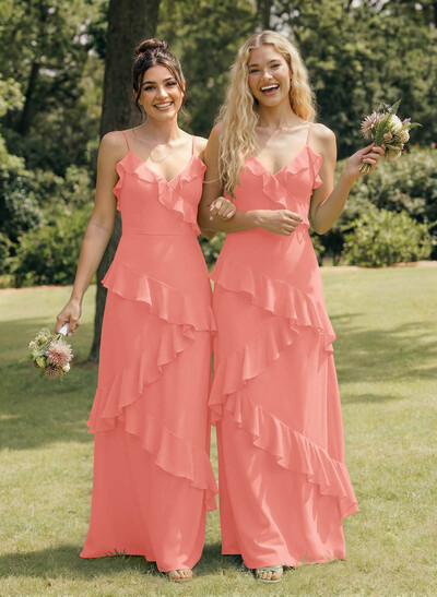 A-Line V-Neck Sleeveless Floor-Length Chiffon Elegant Bridesmaid Dresses With Ruffle