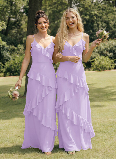 A-Line V-Neck Sleeveless Floor-Length Chiffon Elegant Bridesmaid Dresses With Ruffle