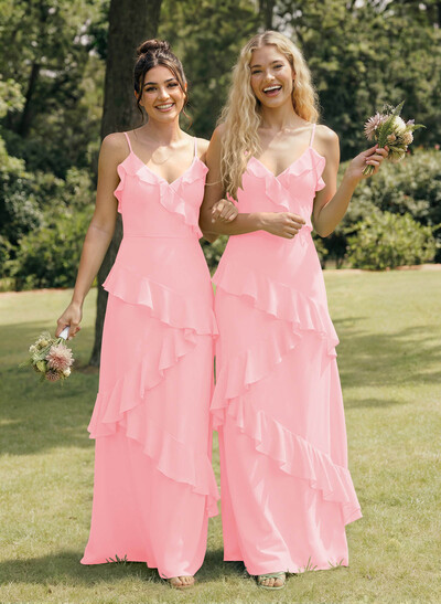 A-Line V-Neck Sleeveless Floor-Length Chiffon Elegant Bridesmaid Dresses With Ruffle