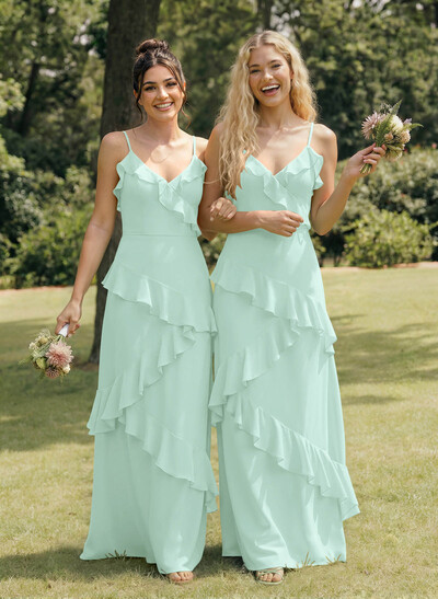 A-Line V-Neck Sleeveless Floor-Length Chiffon Elegant Bridesmaid Dresses With Ruffle