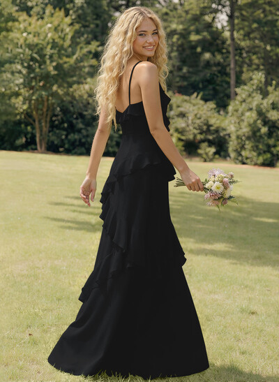 A-Line V-Neck Sleeveless Floor-Length Chiffon Elegant Bridesmaid Dresses With Ruffle
