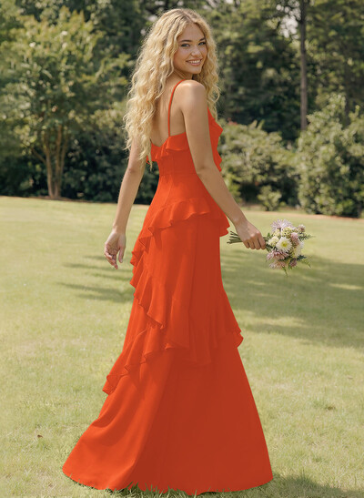 A-Line V-Neck Sleeveless Floor-Length Chiffon Elegant Bridesmaid Dresses With Ruffle