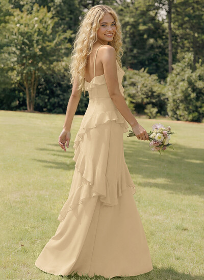 A-Line V-Neck Sleeveless Floor-Length Chiffon Elegant Bridesmaid Dresses With Ruffle