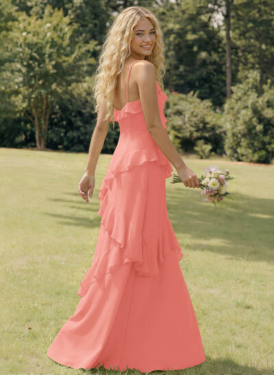 A-Line V-Neck Sleeveless Floor-Length Chiffon Elegant Bridesmaid Dresses With Ruffle