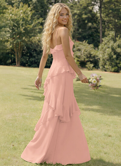 A-Line V-Neck Sleeveless Floor-Length Chiffon Elegant Bridesmaid Dresses With Ruffle