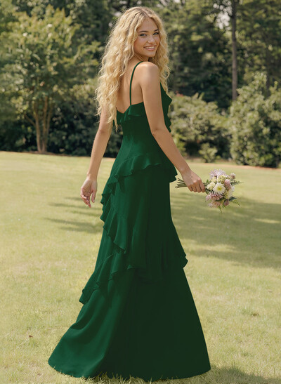 A-Line V-Neck Sleeveless Floor-Length Chiffon Elegant Bridesmaid Dresses With Ruffle