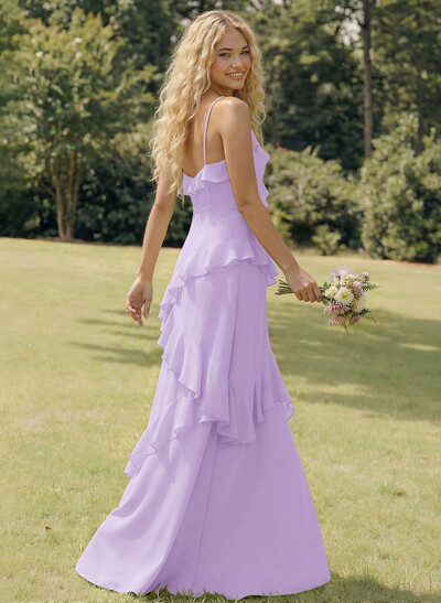 A-Line V-Neck Sleeveless Floor-Length Chiffon Elegant Bridesmaid Dresses With Ruffle